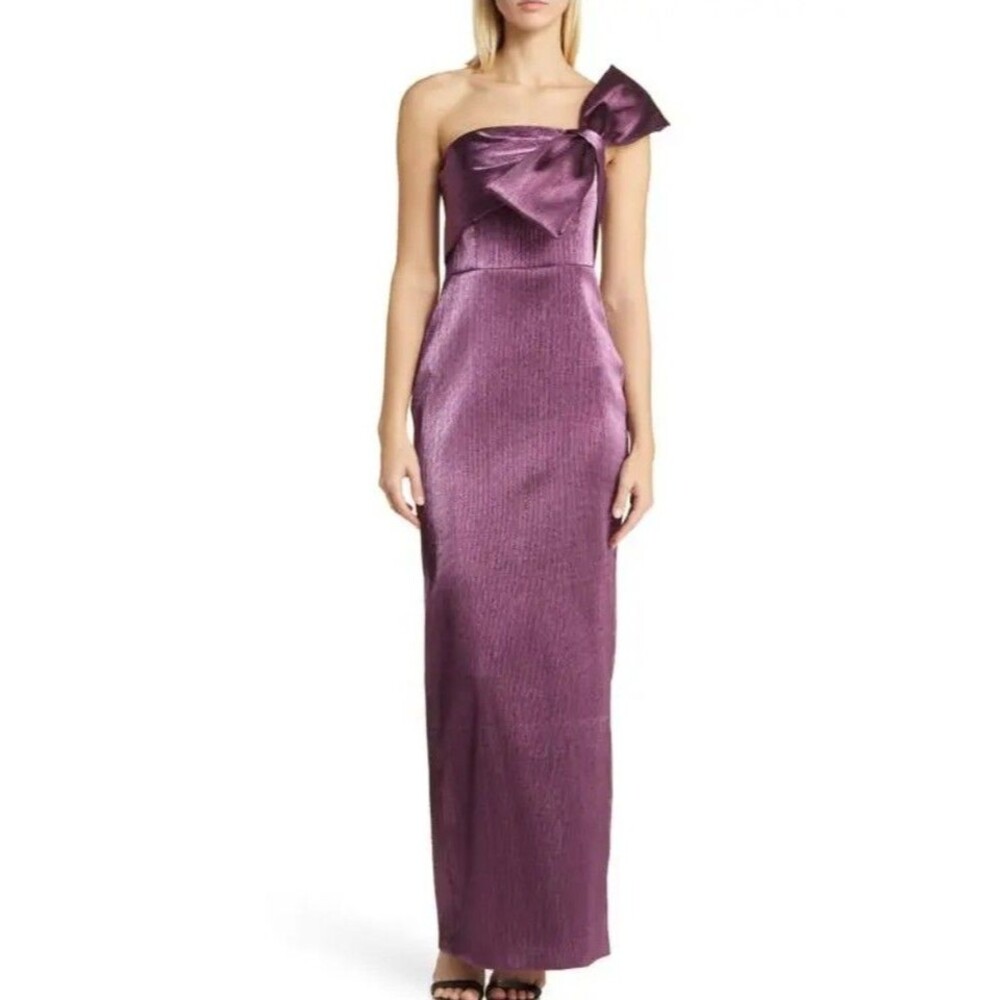 Black Halo Bow  Metallic One Shoulder Maxi Gown Dress Size 6 Purple $598